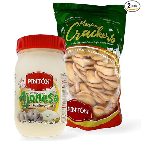 Cracker & Dip Variety Pack — 3-piece set with creamy garlic alioli plus two distinctive cracker flavors: lightly salted and ajo-romero (garlic‑rosemary). Perfect for charcuterie boards and appetizers. PINTON