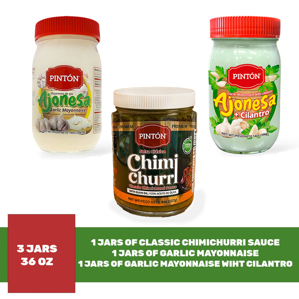Pintón Gourmet Combo — Classic Ajonesa (garlic mayo), Ajonesa con Cilantro (garlic mayo with cilantro), and Caribbean‑Style Chimichurri (aromatic flavor)