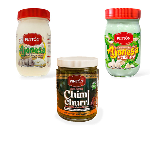 Pintón Gourmet Combo — Classic Ajonesa (garlic mayo), Ajonesa con Cilantro (garlic mayo with cilantro), and Caribbean‑Style Chimichurri (aromatic flavor)