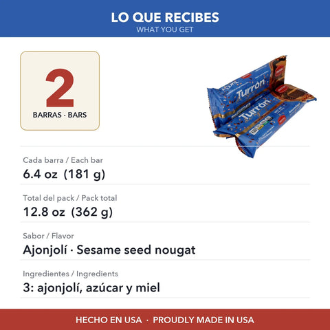 Lo que recibes: 2 barras de turrón de ajonjolí de 6.4 oz (181 g)