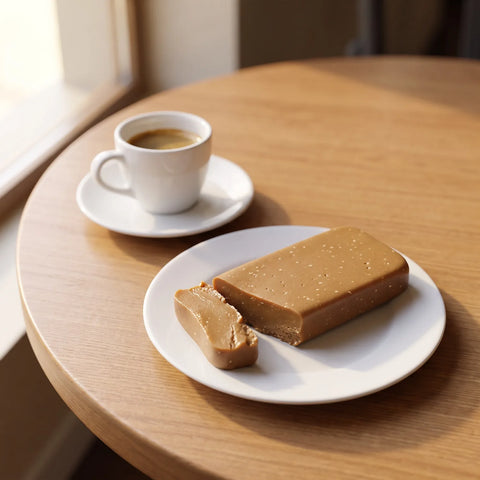 Turrón de ajonjolí Pintón en un plato junto a un café cubano