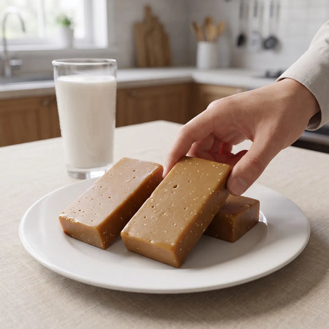 Turrón de ajonjolí cortado en trozos con un vaso de leche