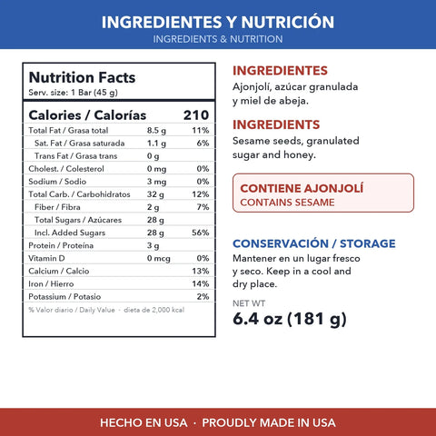 Ingredientes y tabla nutricional del turrón de ajonjolí Pintón