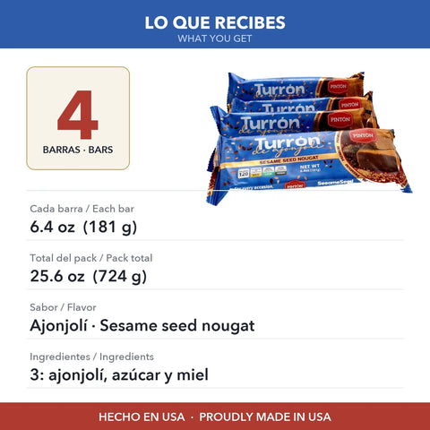 Lo que recibes: 4 barras de turrón de ajonjolí de 6.4 oz (181 g)