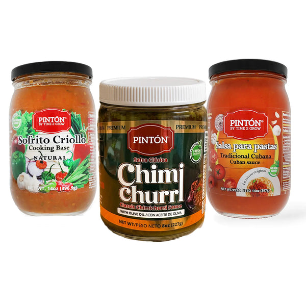 Pintón Gourmet Chimichurri Combo — Jar of Chimichurri, Jarred Pasta Sauce (Traditional Latin American Flavor) and Jar of Sofrito Criollo — Natural, Traditional Taste